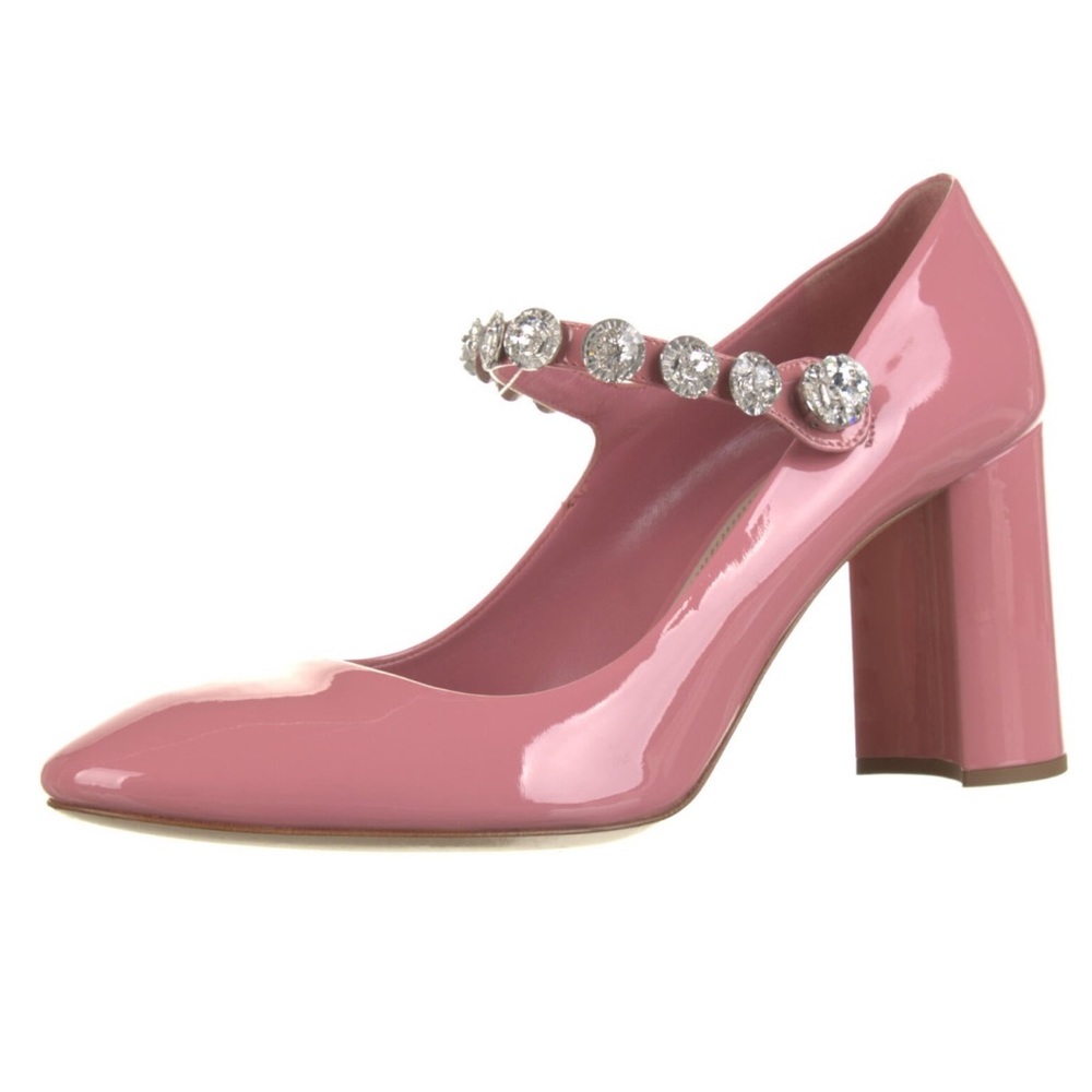 MIU MIU Patent Leather Crystal Embellished Pumps Pink